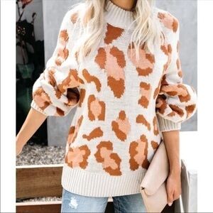 Leopard Print Knit Sweater Pullover with Lantern Sleeves NWT